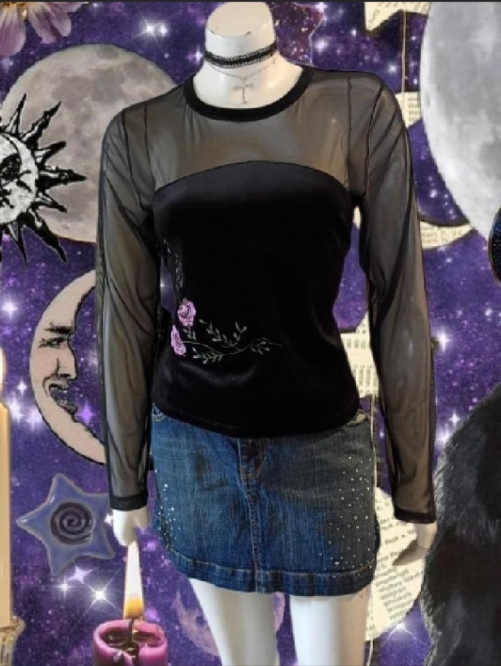 VTG 90s Identity Goth Black Velvet & Sheer Mesh Top W/ Purple Floral Embroidery